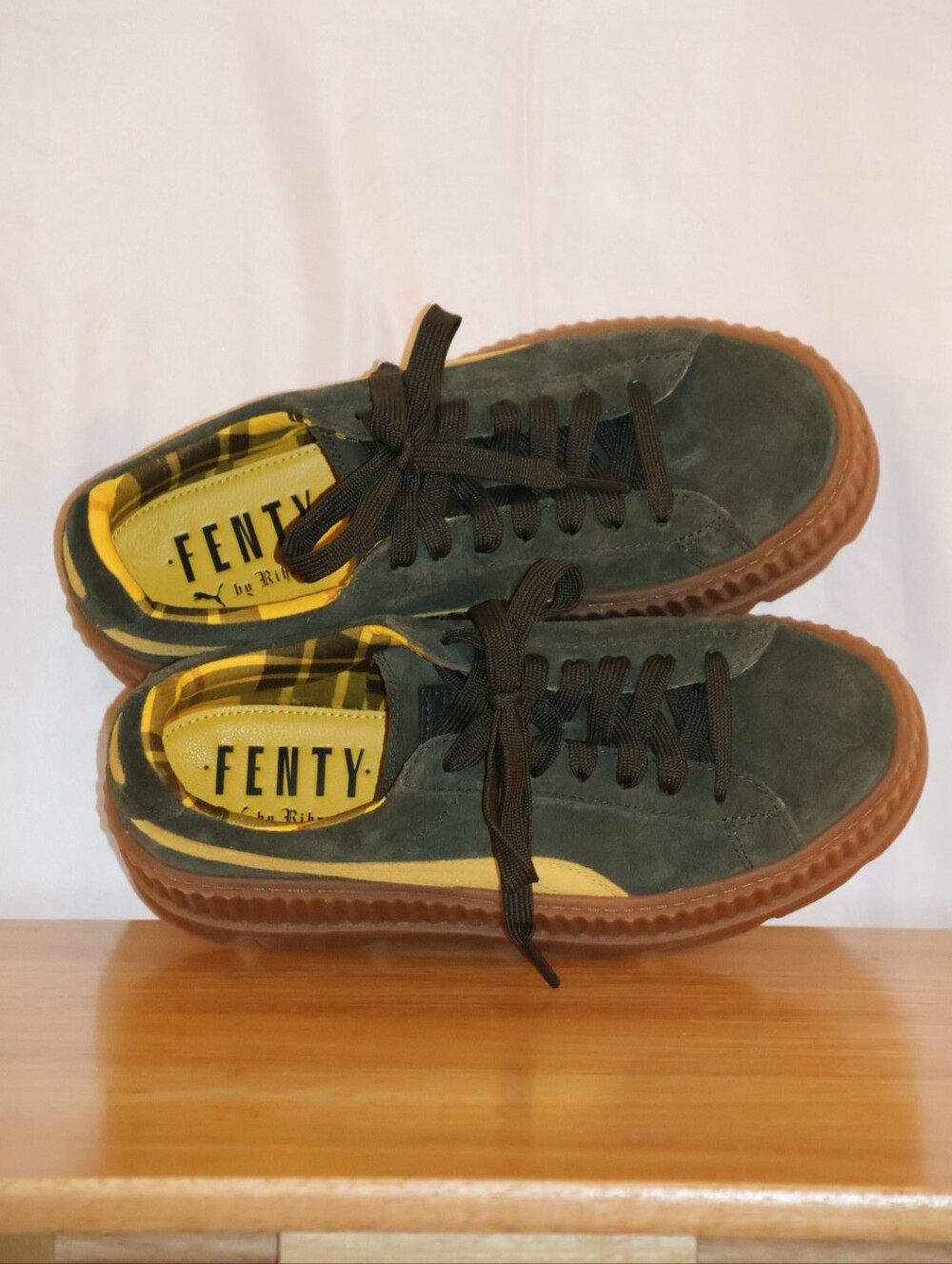 Puma FENTY by Rihanna Green & Yellow Cleated Creeper Suede Platform Sneakers. - Picture 7 of 16